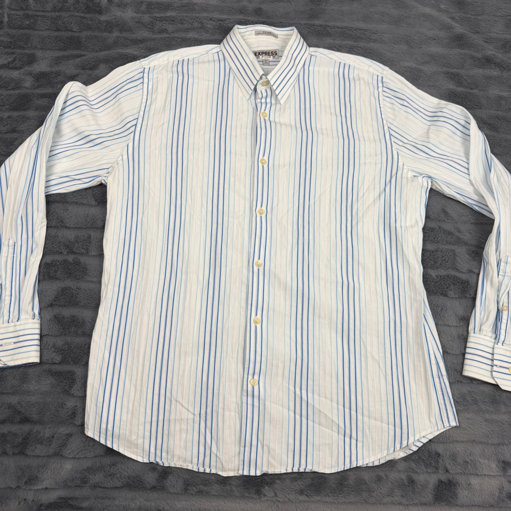 Express Mens XL Fitted Stretch Cotton Striped Long Sleeve Button Down Shirt Blue